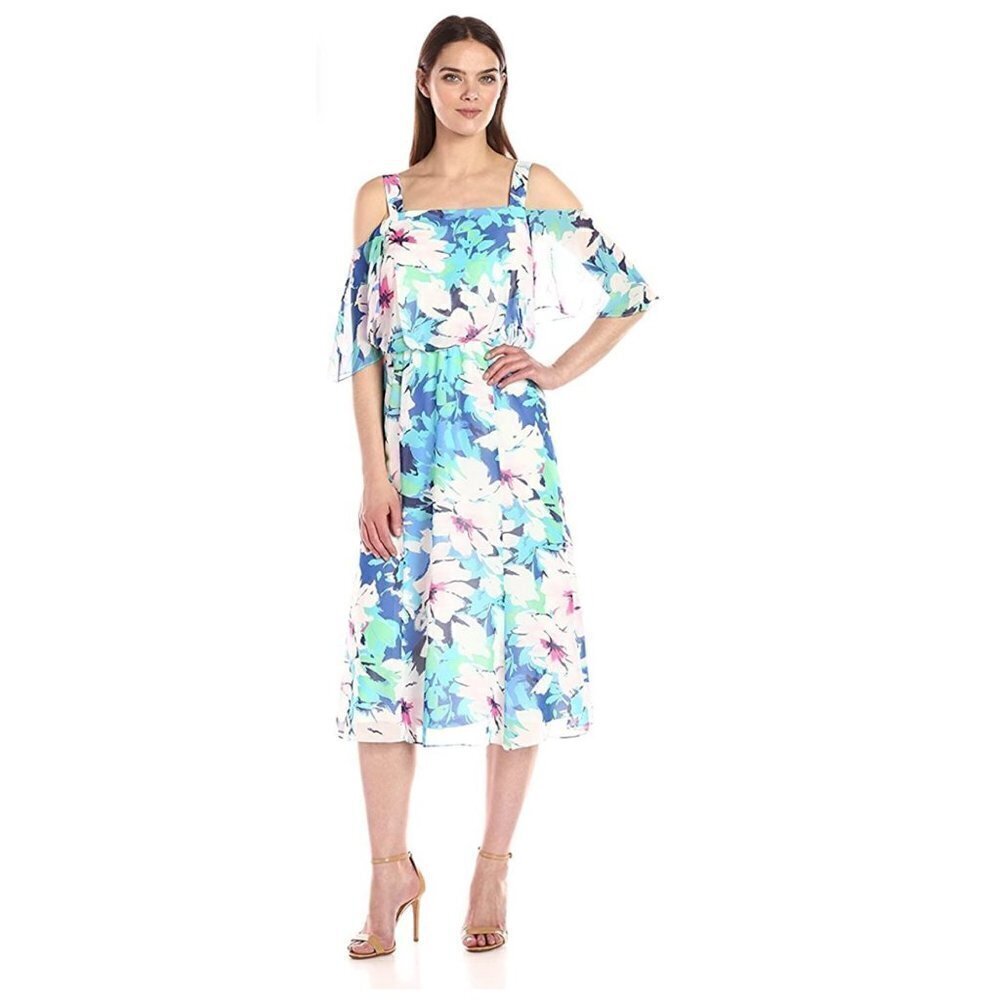 Nine West Midi Dress Tropical Floral Cold Shoulder Flutter Sleeve Womens Size 12